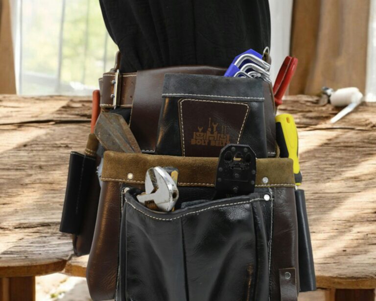 Professional leather electrician tool belt designed for durability and everyday job site use. Features multiple pockets holdi