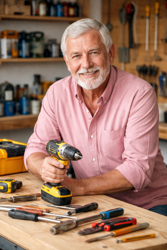 Smiling man with power drill and tools