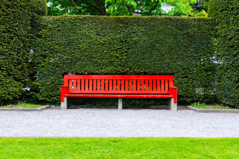 A red bench sits before a green hedge.