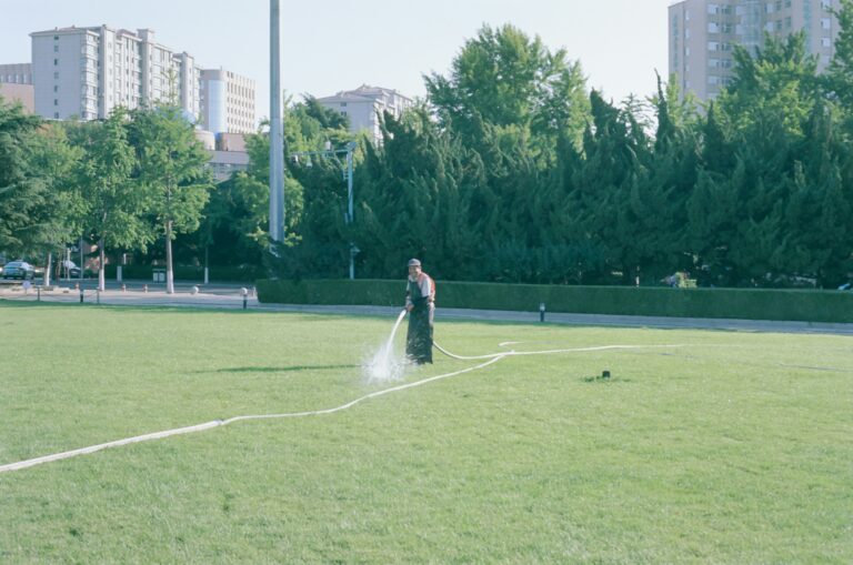 Gardener watering grass with hose in park