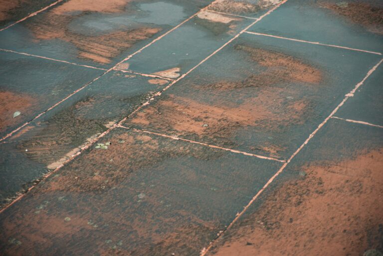Close-up of weathered terracotta tiles with water stains.