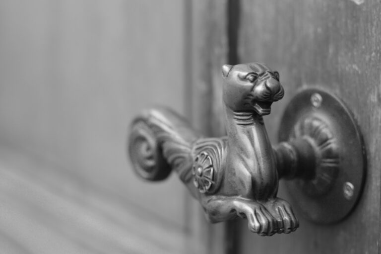 A close up of a door handle on a door
